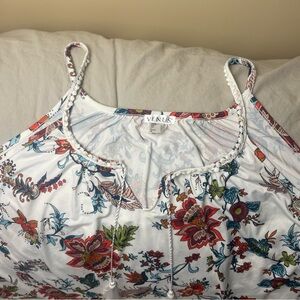 VENUS Women's Silky Camisole - White Multicolor Floral with Eyelet Trim & Tassel